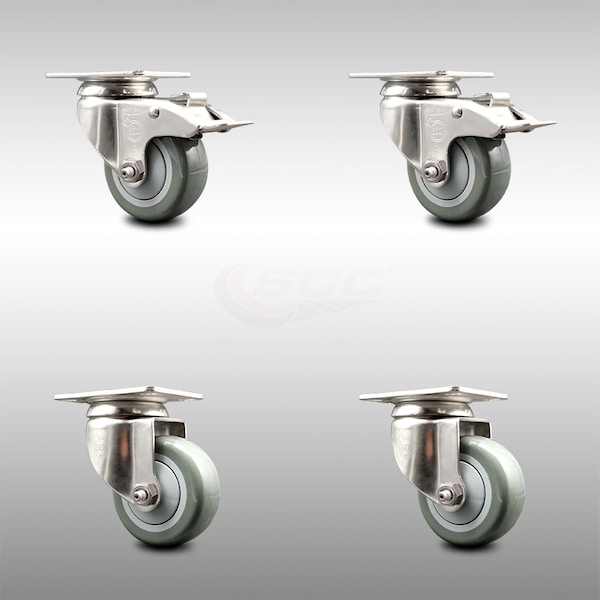 3 Inch 316SS Gray Polyurethane Wheel Swivel Top Plate Caster Lock Brakes, 2PK